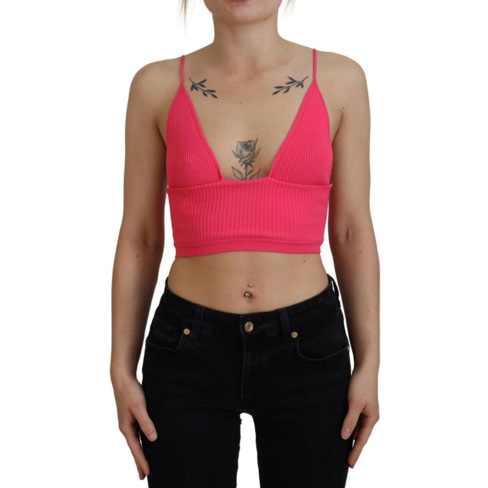 Dsquared² Pink Ribbed Knit Bra Cropped Spaghetti Strap Women's Top